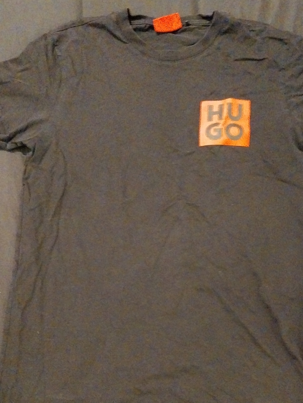 HUGO Gray Short-Sleeve Tee with Orange Logo Patch